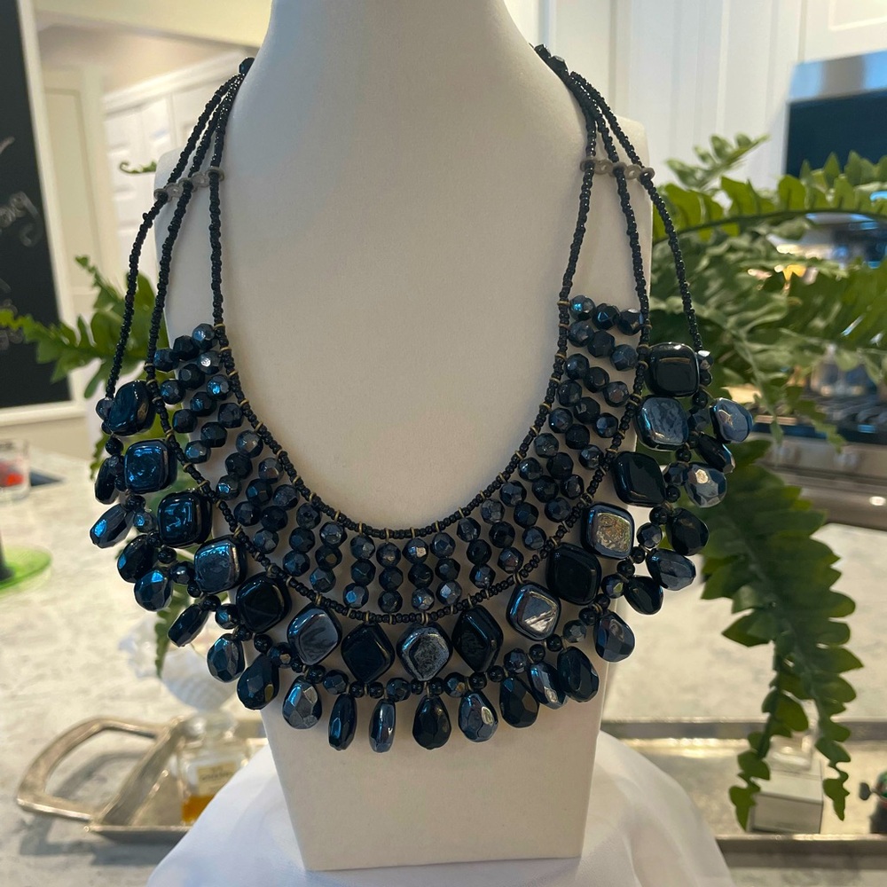 Vintage Black glass beaded bib necklace